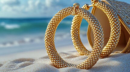 Golden earrings on beach sand, ocean backdrop blurs