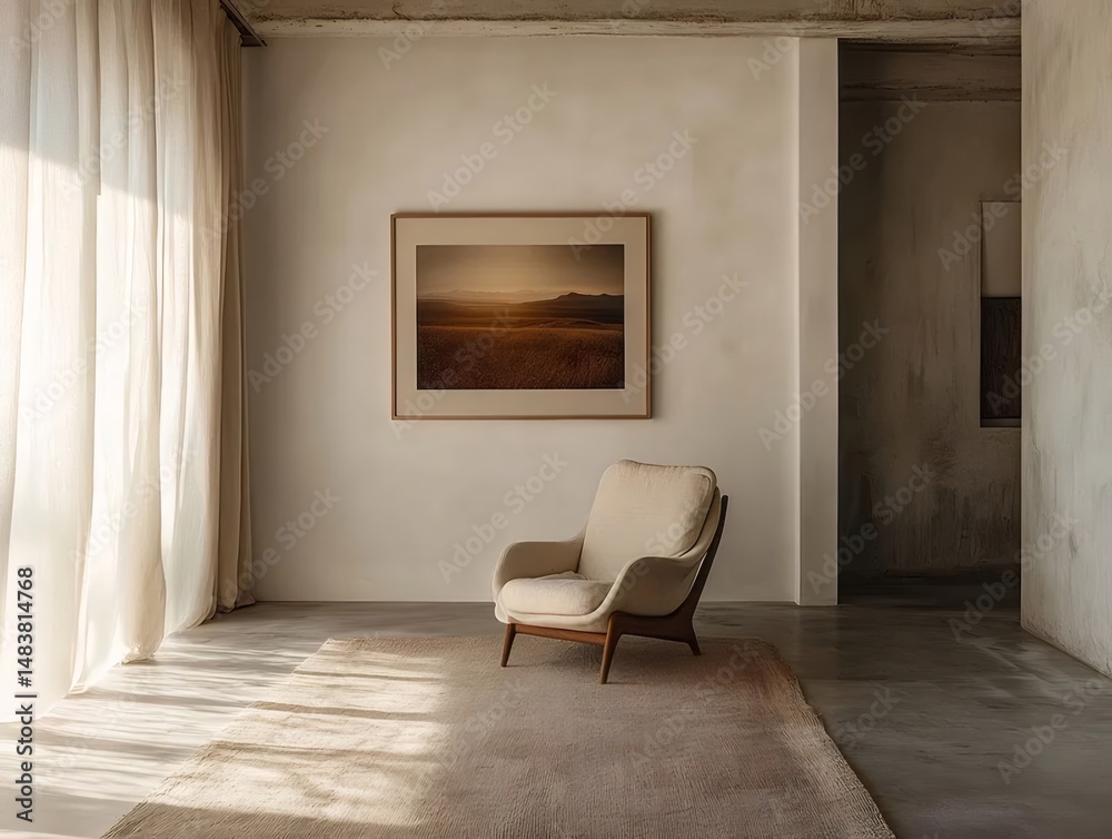Poster クリーム色の肘掛け椅子と砂色のカーペットがミニマルな部屋にあり、自然光が差し込む、落ち着いたベージュ色のアートワークが壁に飾られている、静けさを感じさせるインテリア