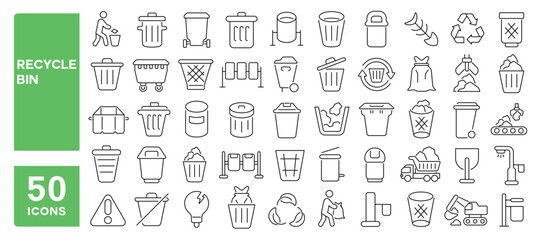 Set of 50 line icons related to recycle bin, trash, rubbish, dump, garbage, waste, Editable stroke. Vector illustration