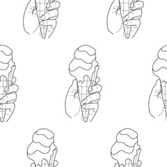 pattern with an icon of melting ice cream in a waffle cup flowing down your hands, in line art style