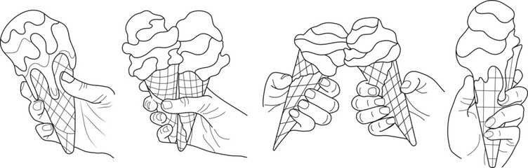 set of icons of human hands holding various ice cream in a waffle cup, in line art style