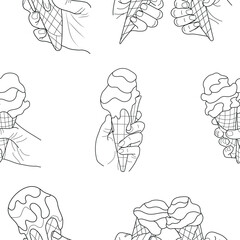 pattern of icons of human hands holding various ice cream in a waffle cup, in line art style