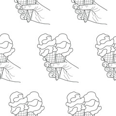pattern with an ice cream icon, namely two cones in a waffle cup held by one hand in line art style