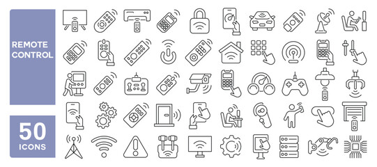 Set of 50 line icons related to remote control, wireless, remote, smart, keypad, controller, Editable stroke. Vector illustration