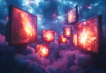 Surreal Floating Screens Mockup with Cosmic Imagery and Colorful Clouds – Vibrant Tech Display Concept for Digital Art and Design Showcases

