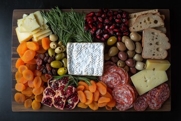 Charcuterie board featuring assorted meats, cheeses, and dried fruits