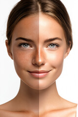 Obraz premium Before and After tanning or skin brightening result on female face.