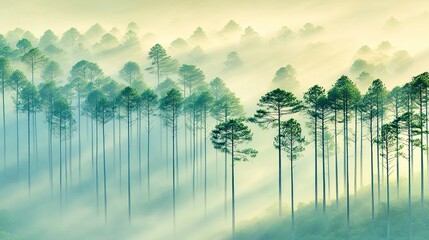 Misty Morning Pine Forest Sunlight Through Trees