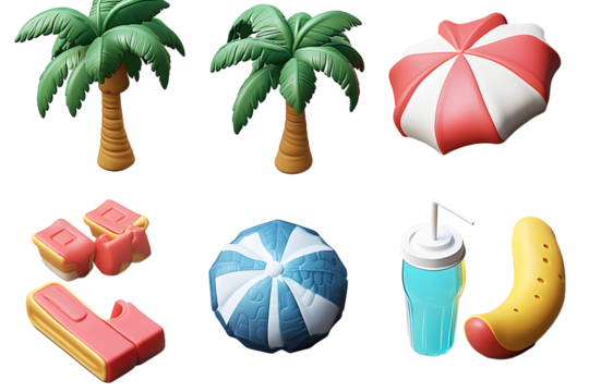 3d summer vacation icon set on transparent background - Powered by Adobe