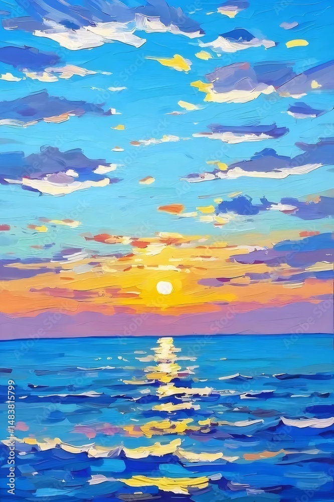 Aufkleber 活気に満ちたカラフルな海と空の夕焼けと太陽の反射の抽象的な絵画