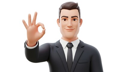 3D Cartoon Businessman Showing OK Sign Positive, Success, Approval