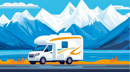 Summer holiday getaway with a camper cruising a lakeside mountain road, for postcard or print