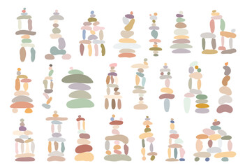 Zen stone cairns set simple hand drawn illustration clipart symbolizing balance, harmony, meditation, perfect minimalist concept for wellness, spa, relaxation, mindfulness, peaceful lifestyle themes
