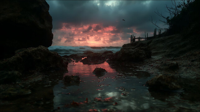 Ocean sunset with glowing sky and rocky silhouettes