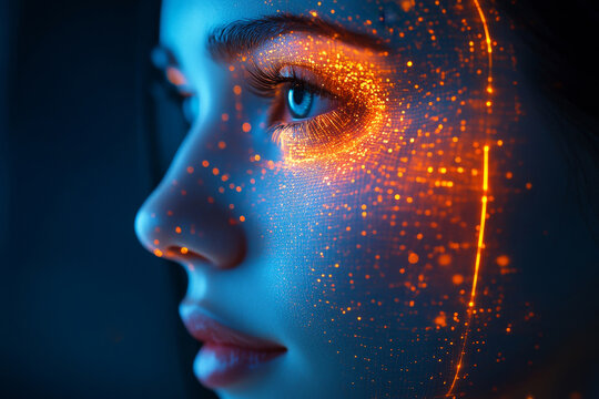 Female scans face using facial recognition system on smartphone for biometric identification. Future digital high tech technology and face id