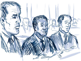 Plakat Pastel pencil pen and ink sketch illustration of a courtroom trial setting with lawyer and black African American defendant, plaintiff seated during court case hearing.