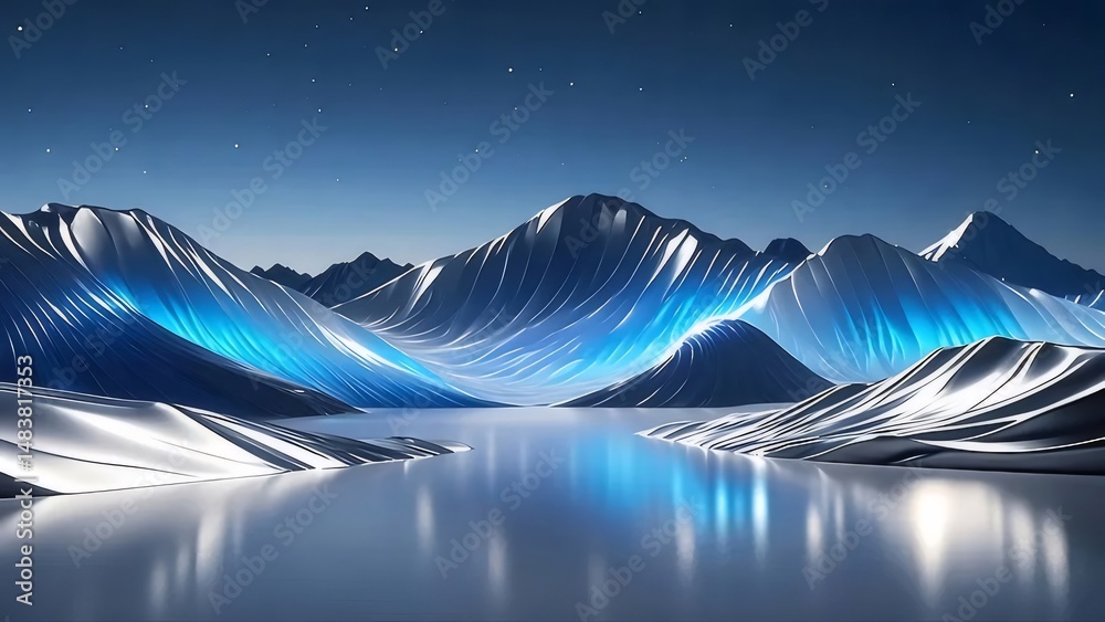 Aufkleber 抽象的な青と白の山と水面の冬の風景 夜空の星が輝く美しい景色