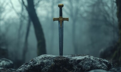 Sword stuck in a rock like in the Excalibur legend , the mythical sword of king Arthur