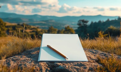 Writer or artist looking for inspiration with blank paper and natural landscape background
