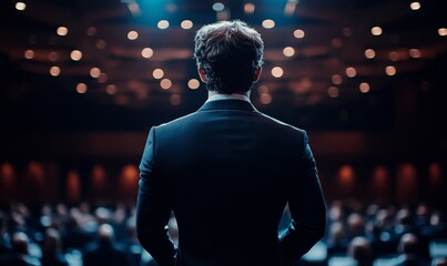 Back view of motivational speaker standing on stage in front of audience for motivation speech on conference or business event. Generative AI