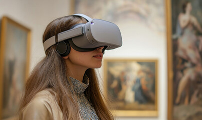 Young woman wearing a virtual reality headset using it to visualize a museum art gallery with paintings, virtual museum tour concept