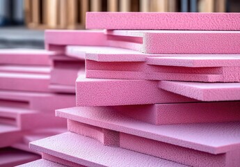 Stacks of Pink Insulation Foam Boards