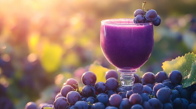 A glass of fresh Zumo de Uva, Grape Juice, deep purple and vibrant, served in an elegant glass with grapes surrounding the base