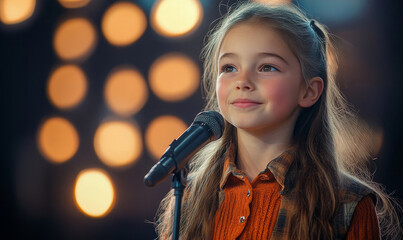 Young kid girl participating in a national spelling bee competition. She stands confidently at the microphone on stage, spelling challenging words with precision in front of the