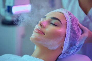 Beautiful woman on ozone therapy with facial steamer in beauty salon