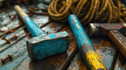 Rusty tools on weathered wood
