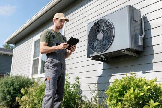 hvac technician working outside a residential home concept a mini split air conditioning system t&eacute;cnico de hvac trabajando vivienda concepto de sistema aire acondicionado min split klima