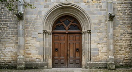 Fototapeta premium Ancient Stone Church Entrance with Ornate Wooden Doors