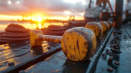 Rusty weights on a wooden deck at sunset