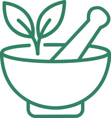 Minimalist Herbal Icon with Mortar and Pestle and Leaves Teal Line Vector