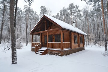Landscape of wooden house in snow forest, winter fairy tale