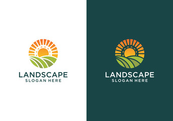 Farmland landscape logo. Farm food badge vector design logo. Green farmland landscape logo with sun shining