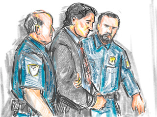 Pastel pencil pen and ink sketch illustration of a white male serial killer defendant being led into the courtroom for trial by police officer in court.