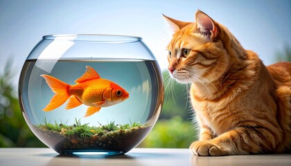 ginger cat staring at a goldfish in a bowl