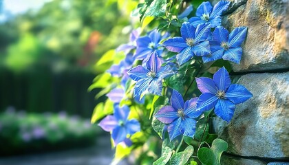Blue Clematis Flowers Climbing on a Stone Wall