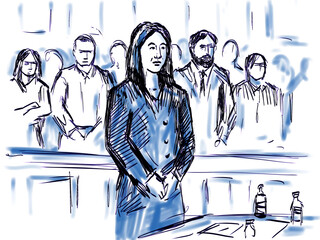 Pastel pencil pen and ink sketch illustration of a courtroom trial setting with young female defendant, plaintiff, witness testifying standing in judiciary court of law and justice.