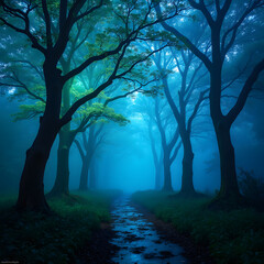 An enchanted forest where the trees are made of glass and their branches glow with bioluminescence, casting vibrant hues of blue and green across a mist-covered path 
