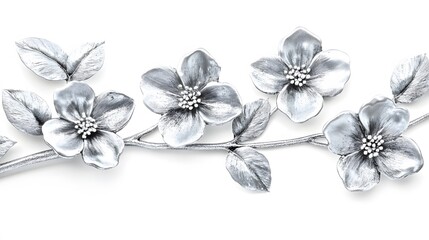 Fototapeta premium Silver Metal Flowers Branch Ornament White Background