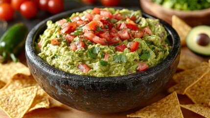 Guacamole dip in dark bowl with tomatoes and tortilla chips