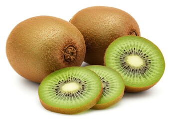 Close up of whole and sliced kiwi fruit on a white background
