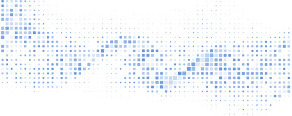 Abstract dotted wave by blue squares. Wide vector graphic pattern