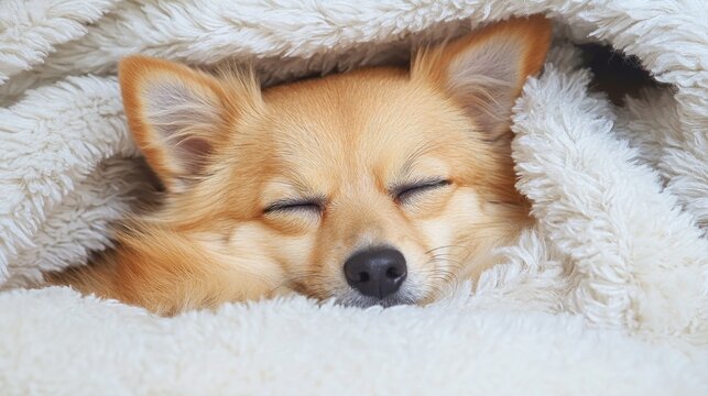 Adorable Puppy Sleeping in Cozy Blanket Peaceful Dog Photo