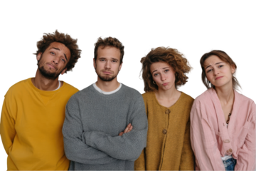 Four young adults isolated on transparent background with doubtful faces