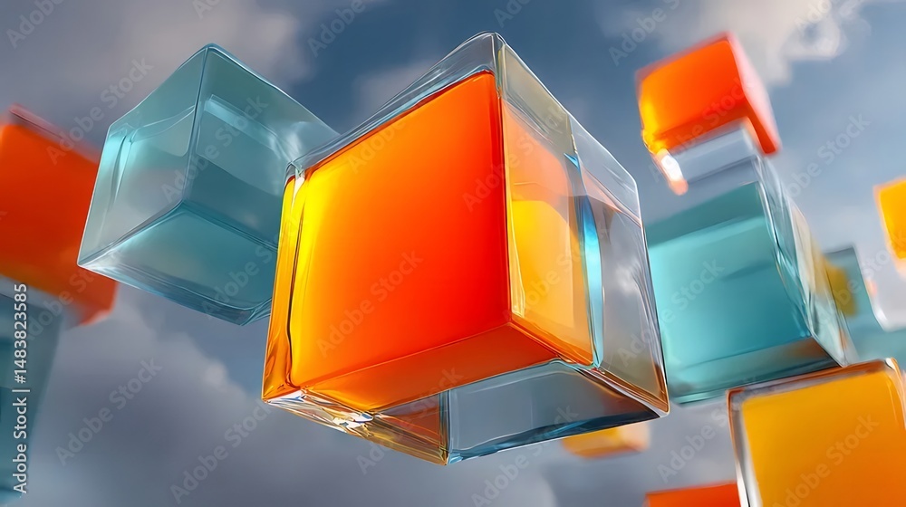 Aufkleber 空の背景に浮かぶ半透明とオレンジ色の3dキューブの抽象的な構成のクローズアップ