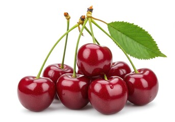 A bunch of ripe red cherries with stems and a leaf isolated on a white background