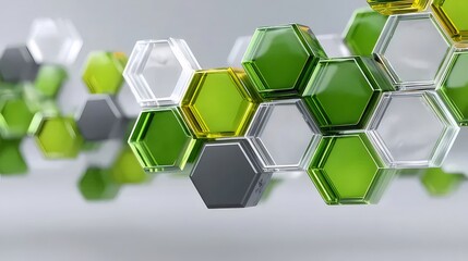 緑 灰色と銀色の六角形のパターンがぼやけた背景に配置された抽象的な3Dレンダリング